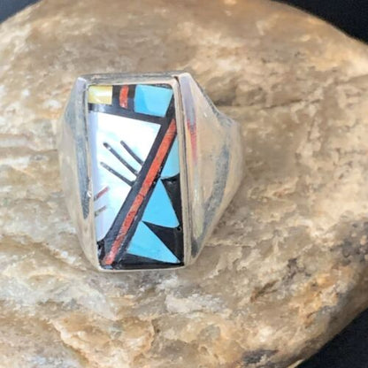 Navajo Men's Spiny Blue Turquoise Inlay Ring | Sterling Silver | Sz 15 | Authentic Native American Handmade | 12423