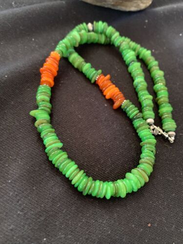 Navajo Pearls Necklace | Orange Green Mother of Pearls | Sterling Silver | Authentic Native American Handmade | 20" | 1053