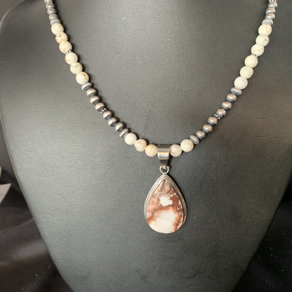 Navajo Pearls Necklace with Wild Horse Turquoise Pendant | Sterling Silver | Authentic Native American Handmade | 13902