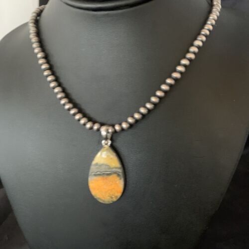 Navajo Yellow Bumblebee Jasper Pendant Necklace | Sterling Silver | Authentic Native American Handmade | 12805