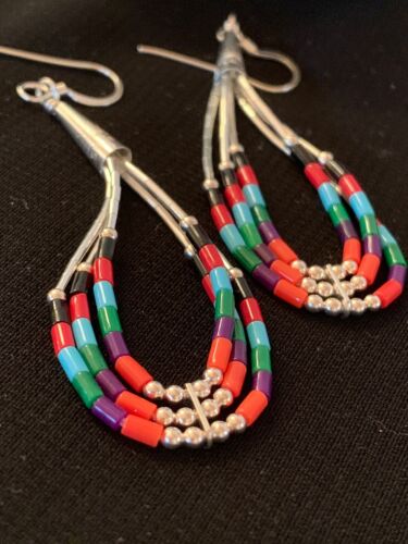 Handmade Liquid Silver Heishi Dangle Earrings | Turquoise Coral | Sterling Silver | 2" | 2001