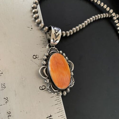 Navajo Pearls Necklace with Orange Spiny Oyster Pendant | Sterling Silver | Authentic Native American Handmade | 11300