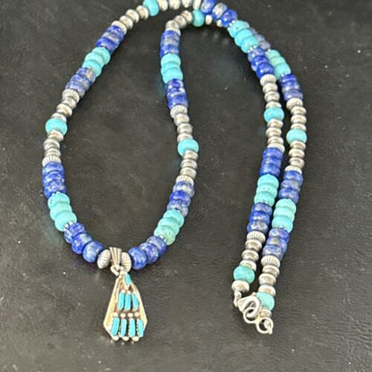 Zuni Blue Turquoise Lapis Multi-Stone Necklace Pendant | Authentic Native American Sterling Silver | 14639