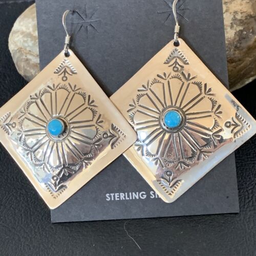 Navajo Blue Turquoise Earrings | Stamped Sterling Silver | Authentic Native American Handmade | 13369