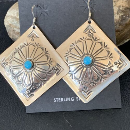 Navajo Blue Turquoise Earrings | Stamped Sterling Silver | Authentic Native American Handmade | 13369