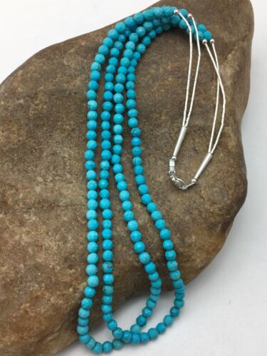 Navajo Blue Turquoise Faceted Bead Necklace | 2 Strand Liquid Sterling | Authentic Native American Handmade | 4368