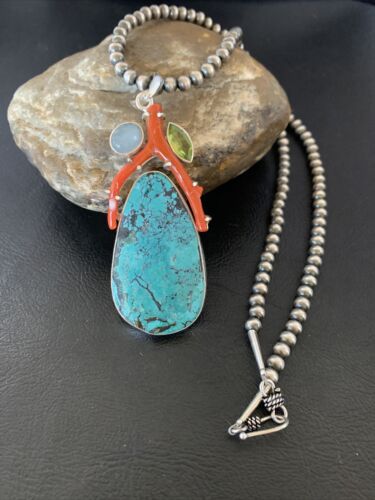 Navajo Pearl Spiderweb Turquoise Coral Pendant Necklace | Authentic Native American Sterling Silver | Multi-Stone | 11812