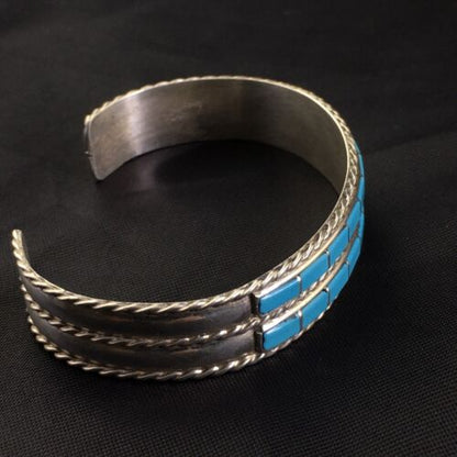 Navajo Blue Turquoise Inlay Cuff Bracelet | Sterling Silver | Authentic Native American Handmade | 1974