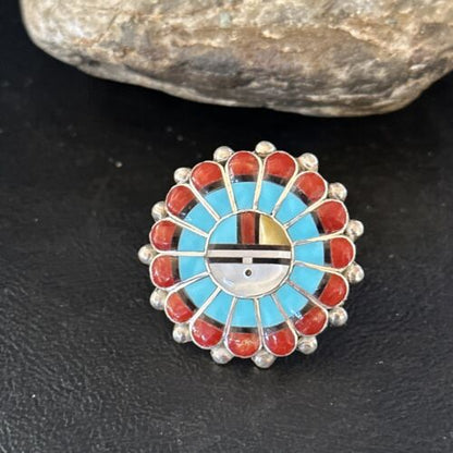 Zuni Sun Face Inlay Ring | Sterling Silver Coral Turquoise Onyx Mother of Pearl | Sz 6.5 | 14452 - Masha USA
