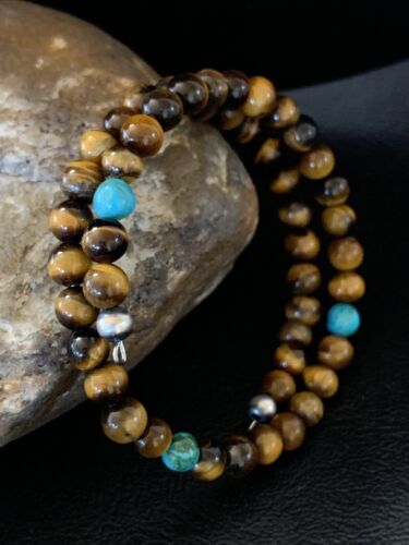 Stainless Steel Memory Wire Bracelet | Tiger's Eye & Turquoise | Southwestern Navajo Style | 1419