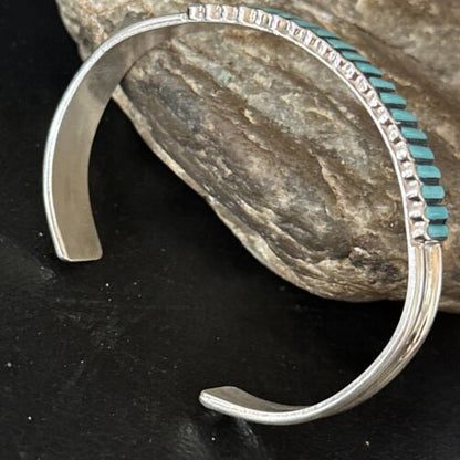 Zuni Blue Turquoise Inlay Cuff Bracelet | Sterling Silver | Authentic Native American Handmade | 14588
