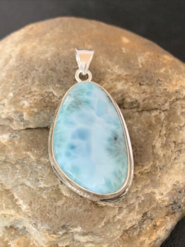 Navajo Sterling Silver Beads Necklace | Blue Larimar Pendant | Authentic Native American Handmade | 10675