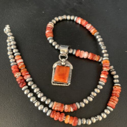 Navajo Pearls Red Spiny Oyster Pendant Necklace | Sterling Silver | 20" | Authentic Native American Handmade | 13654