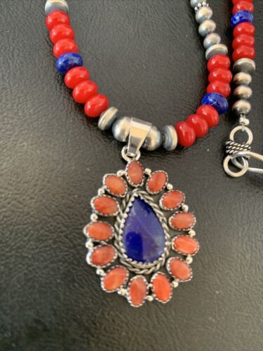 Navajo Red Stabilized Coral Lapis Necklace Cluster Pendant | Sterling Silver | Multi-Stone | 10633