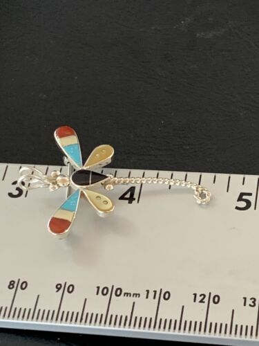 Zuni Turquoise & Yellow Mother of Pearl Inlay Dragonfly Sterling Necklace Pin Pendant | 12320