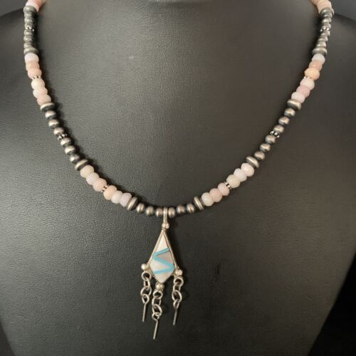 Navajo Mother of Pearl Turquoise Inlay Pendant with Pink Opal Bead Necklace | Sterling Silver | 13457