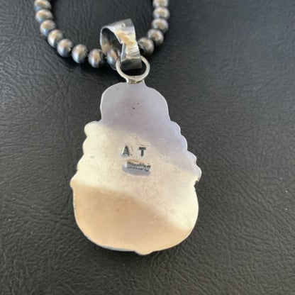 Men's Navajo Pearls Necklace with Blue Kingman Turquoise Pendant | Sterling Silver | Native American Handmade | 12599 - Masha USA