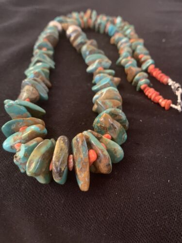 Navajo Green Turquoise & Spiny Oyster  Necklace | Sterling Silver | 26" Graduated | Authentic Native American | 00609