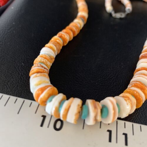 Navajo Turquoise & Orange Spiny Oyster Graduated Necklace | Sterling Silver | Authentic Native American | 21" | 13518