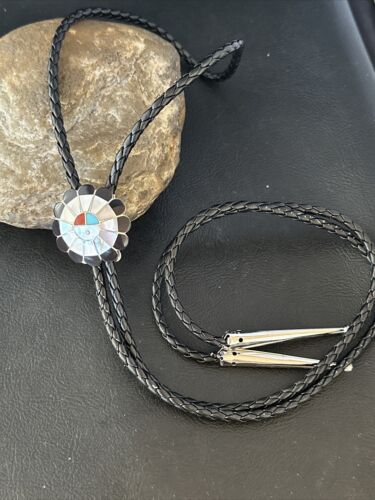 Men's Bolo Tie | Zuni Sunface Mother of Pearl Coral Turquoise Inlay | Sterling Silver | 14754