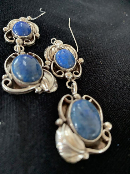 Native American Navajo Denim Lapis Dangle Earrings | Sterling Silver | 2" | 01680 - Masha USA
