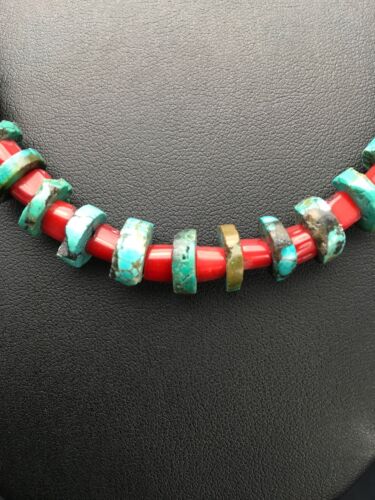 Turquoise Heishi 10mm Bamboo Coral Necklace | Navajo Sterling Silver | Native American Handmade | 20" |