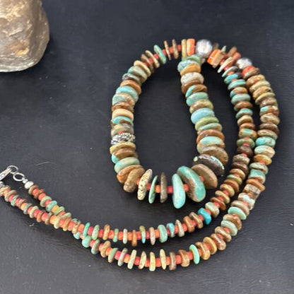 Navajo Turquoise & Red Spiny Oyster Necklace | Sterling Silver | Authentic Native American | 32" | 14379
