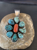 Navajo Cluster Coral Spiderweb Turquoise Pendant | Sterling Silver | Authentic Native American Handmade | 2227