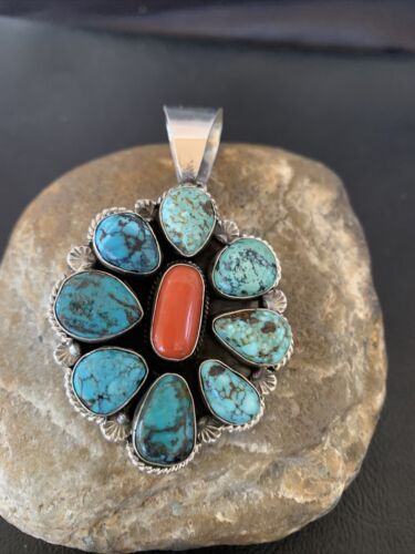 Navajo Cluster Coral Spiderweb Turquoise Pendant | Sterling Silver | Authentic Native American Handmade | 2227