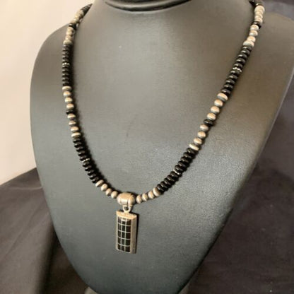 Navajo Black Onyx Inlay Pendant | Sterling Silver Necklace with Pearls | Authentic Native American Handmade | 12282