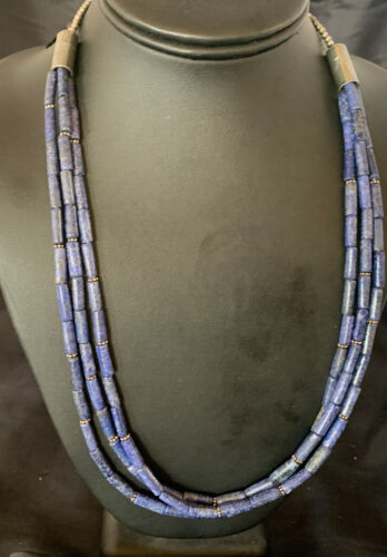 Navajo Blue Lapis 3-Strand Necklace | Sterling Silver Tube Beads | 23" | Authentic Native American Handmade | 12690