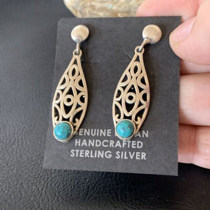 Navajo Blue Turquoise Dangle Post Earrings | Sterling Silver | 1" | Authentic Native American Handmade | 12744