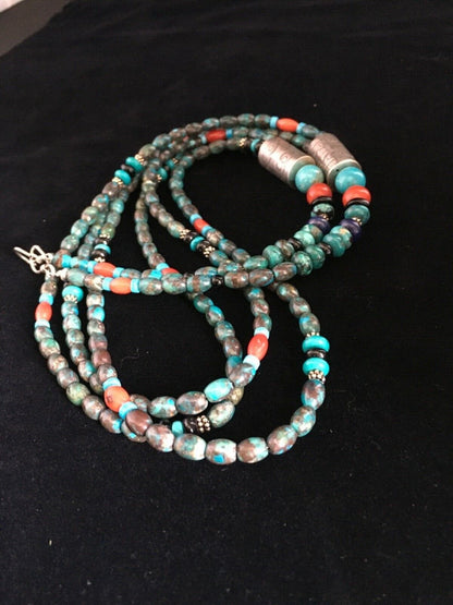 Navajo Blue Spiderweb Turquoise Coral Necklace | Sterling Silver | 3-Strand 29" | 1722