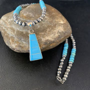 Navajo Blue Turquoise Inlay Pendant Necklace | Sterling Silver | Authentic Native American Handmade | 13866