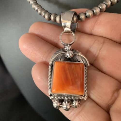 Navajo Orange Spiny Oyster Square Pendant Necklace | Sterling Silver | Authentic Native American Handmade | 13639