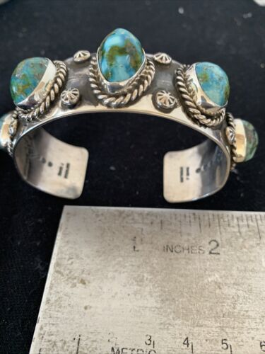 Navajo Green Sonoran Gold Turquoise Cuff Bracelet | Sterling Silver | 5 Stone | Authentic Native American Handmade | 864