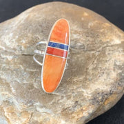 Navajo Red Spiny Oyster Lapis Inlay Ring | Sterling Silver | Sz 5 | Authentic Native American Handmade | 11584