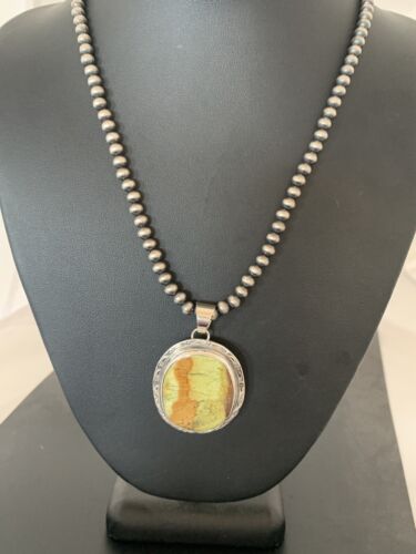 Navajo Green Gaspeite Pendant Necklace | Sterling Silver | Authentic Native American Handmade | 388