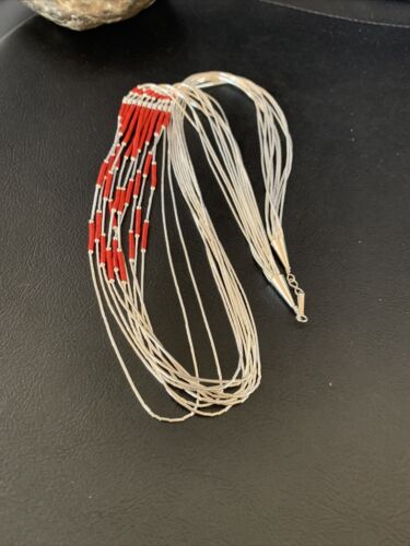 Red Coral Heishi Necklace | 10 Strand Liquid Silver | Sterling Silver Tubes | 26" | 13060