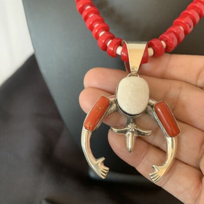 Navajo White Buffalo Turquoise Coral Naja Pendant | Sterling Silver | Authentic Native American Handmade | 10517