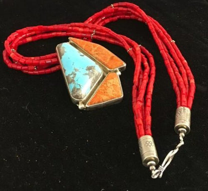 Navajo Spiny Oyster & Turquoise Pendant | Sterling Silver Coral Bead Necklace | Multi-Strand | 8477