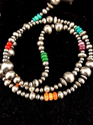 Navajo Pearls Turquoise Coral Bead Necklace | 51" Single Strand Sterling Silver | Southwestern Native American | 8112
