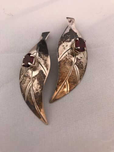 Handmade Feather Garnet Earrings | Old Pawn Sterling Silver | 2" | 13064