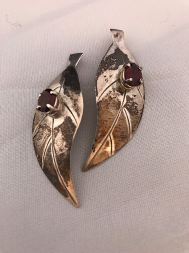 Handmade Feather Garnet Earrings | Old Pawn Sterling Silver | 2" | 13064 - Masha USA
