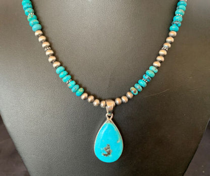Navajo Pearl Necklace with Blue Kingman Turquoise Pendant | Sterling Silver | 11739