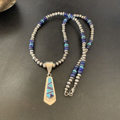 Men's Navajo Pearl Blue Lapis Turquoise Pendant Necklace | Sterling Silver | 21" | 12611