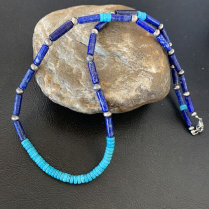 Native American Men's Navajo Lapis Turquoise Bead Necklace | Sterling Silver | 21" | 12471