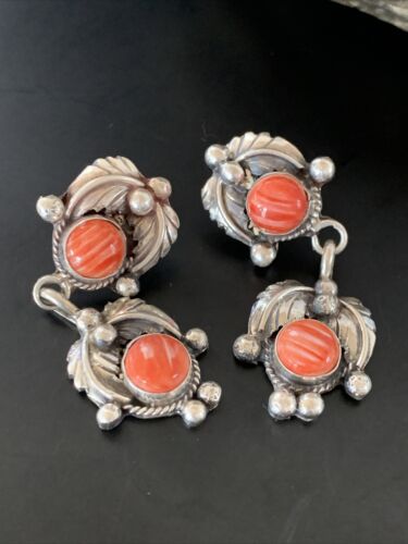 Native American Handmade Navajo Red Spiny Oyster Dangle Earrings | Sterling Silver | 2061