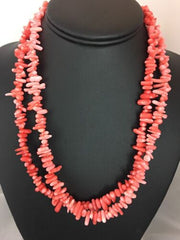 Navajo Native American Coral 2-Strand Bamboo Necklace | Sterling Silver | Southwestern 3253