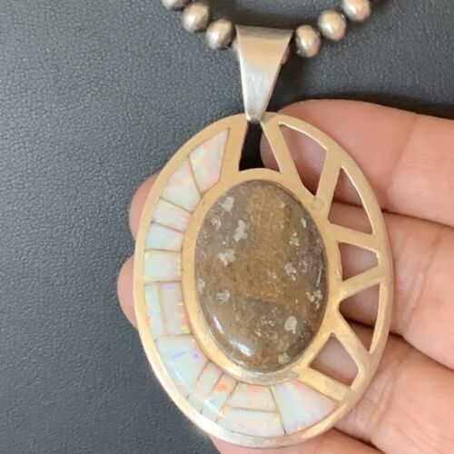 Navajo White Opal Inlay Jasper Pendant | Sterling Silver | 2.5" | Authentic Native American Handmade | 12271